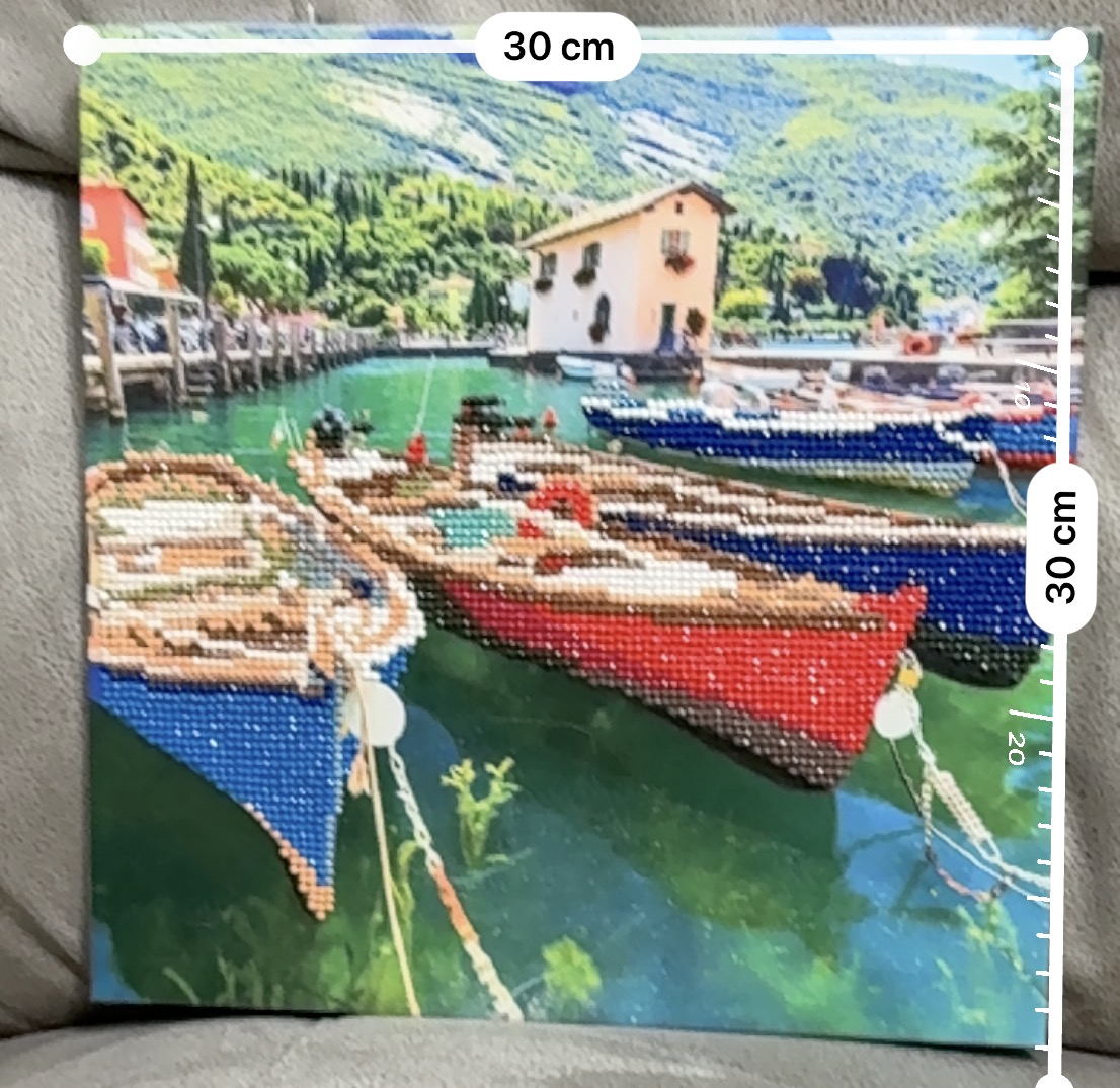 Italian Harbor Wooden Boats, Lake Garda 
Completed and Sealed 5D Diamond Painting Landscape on a Stretched Canvas and wooden frame - Image 2