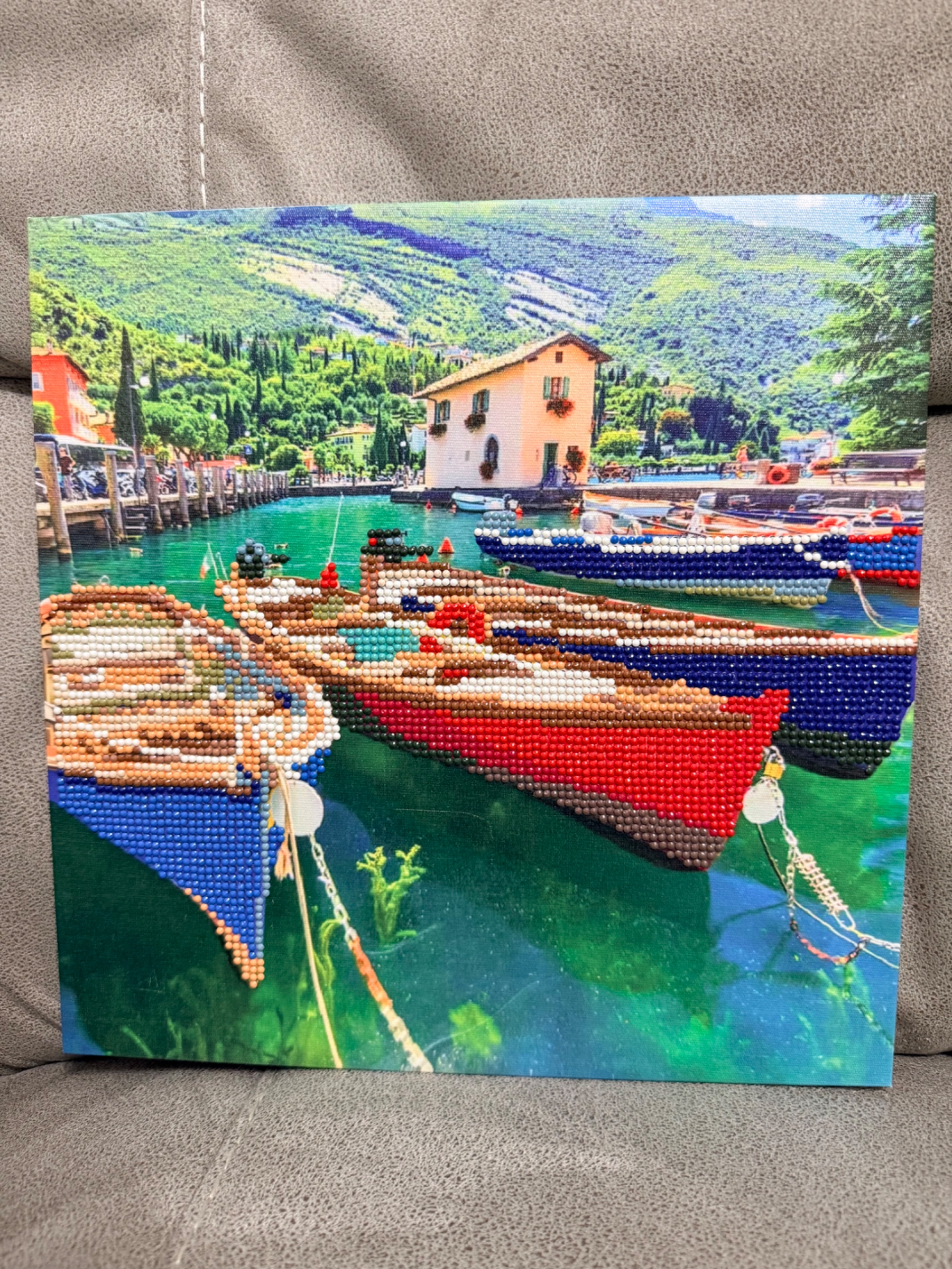 Italian Harbor Wooden Boats, Lake Garda 
Completed and Sealed 5D Diamond Painting Landscape on a Stretched Canvas and wooden frame - Image 3