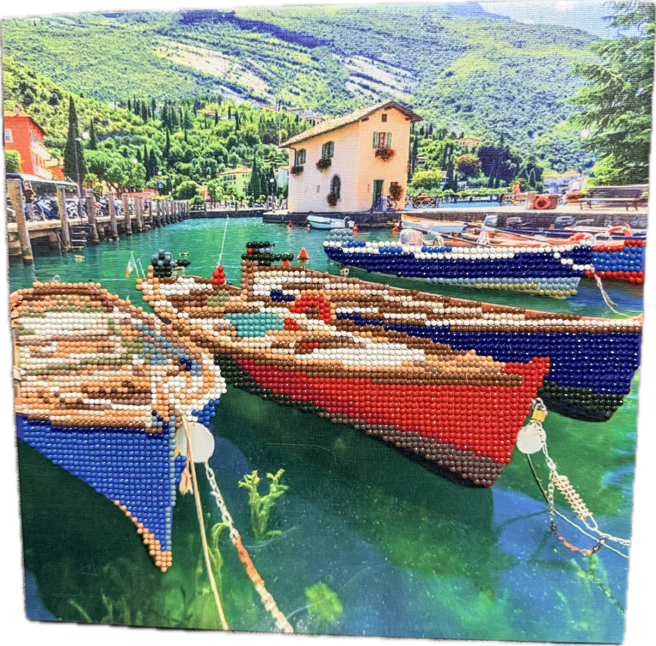 Italian Harbor Wooden Boats, Lake Garda 
Completed and Sealed 5D Diamond Painting Landscape on a Stretched Canvas and wooden frame - Image 4